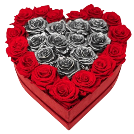 Silver Heart in Red Roses Box