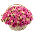 Basket of Pink Roses and Peach Spray Roses