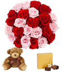 Bouquet of Red and Pink Roses with Chocolate and Teddy Bear