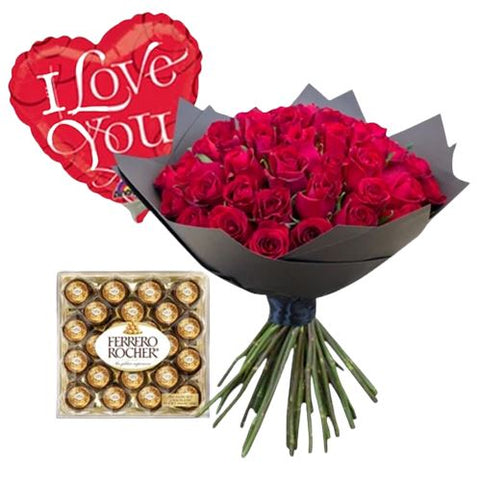 Bouquet of Roses with Balloon and Ferrero Rocher