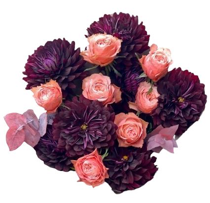 Burgundy Dahlia and Peach Roses Bouquet