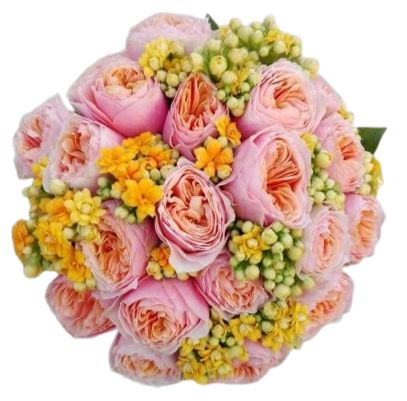 Charming Bouquet of Peach Garden Roses with Kalanchoe