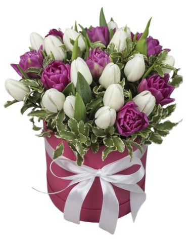 Cute Duo Tulips with Greenery in Box