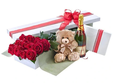 Dozen Red Roses with Champagne and Teddy Bear