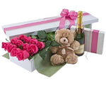 Dozen Red Roses with Champagne and Teddy Bear