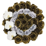 Elegant Initial Box of Gold and Silver Roses with Phalaenopsis