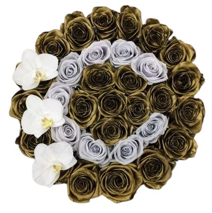 Elegant Initial Box of Gold and Silver Roses with Phalaenopsis