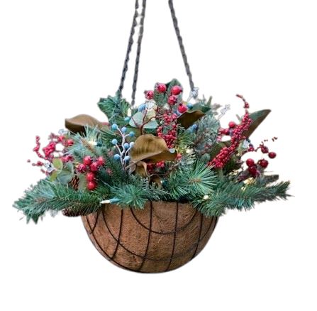 Festive Hanging Basket with Berry and Twinkling Lights