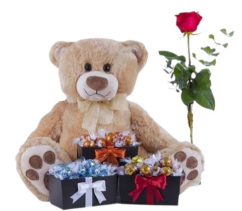 Giant Teddy Bear with Single Roses and Lindt Chocolate Gift Set