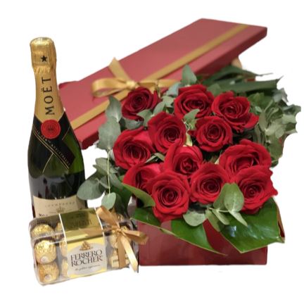 Gift Set of Dozen Red Roses with Champagne and Chocolate