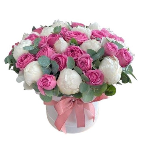 Glamour Box Of Peony and Pink Spray Roses