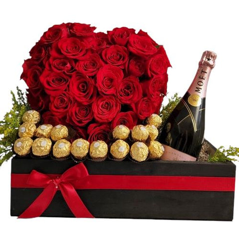 Glamour Roses Heart with Champagne and Chocolate Gift Set Box