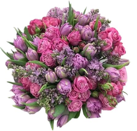 Gorgeous Bouquet of Lilac with Double Tulips and Spray Roses