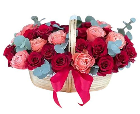 Gorgeous Red and Peach Roses with Eucalyptus Basket