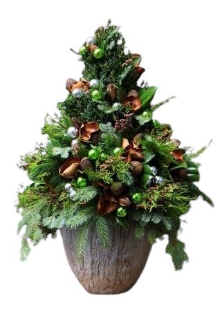 Green Christmas Tree Pot Arrangement : with Baubles and Rustic Flair