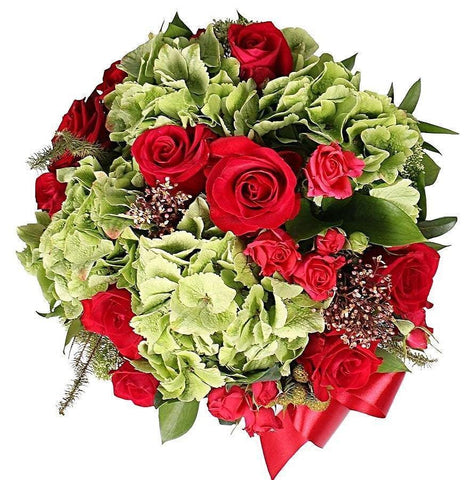 Green Hydrange with Red Roses Bouquet