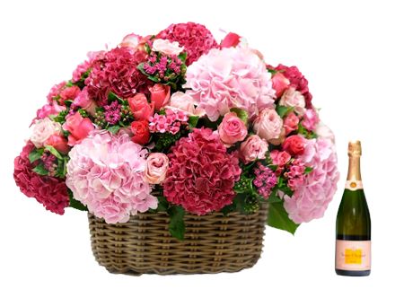 Luxury Basket of Pink Flowers with Champagne