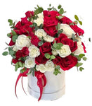 Luxury Box of Red and White Spray Roses with Eucalyptus