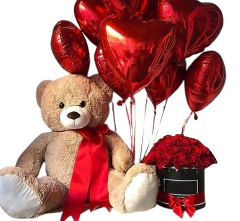 Luxury Gift Set of Roses Box with Giant Teddy Bear and Balloons