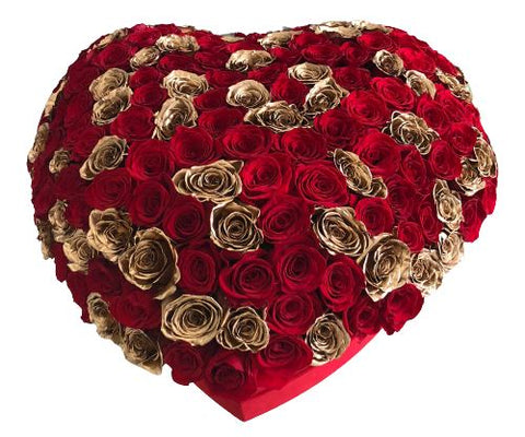 Luxury Heart Box of Gold and Red Roses