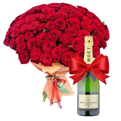 Luxury Red Roses Bouquet with Champagne