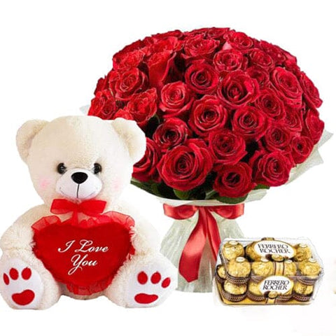 Luxury Roses with I Love You Teddy Bear and Chocolate