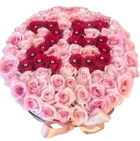 Pink and Red Roses with Crystal Pin Box with Numbers