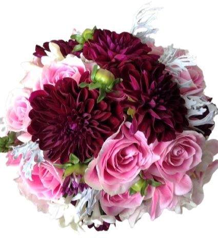 Pink Roses and Burgundy Dahlia Bouquet
