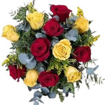 Red and Yellow Roses Bouquet with Eucalyptus