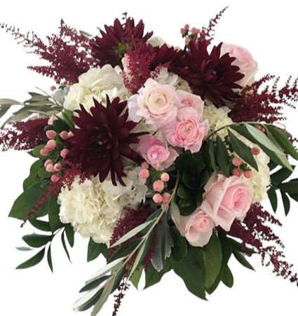 Romantic Bouquet of Burgundy Dahlia and Roses