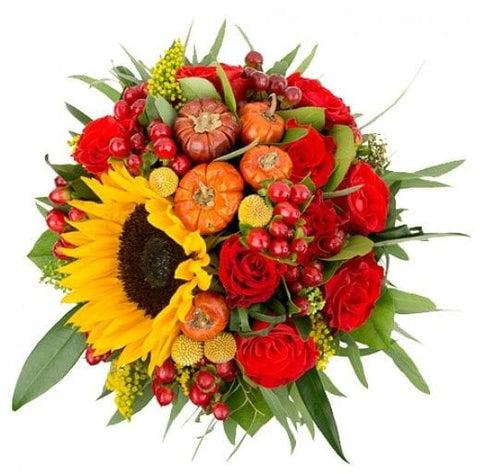 Sunflowers with Red Roses and Mini Pumpkin Bouquet