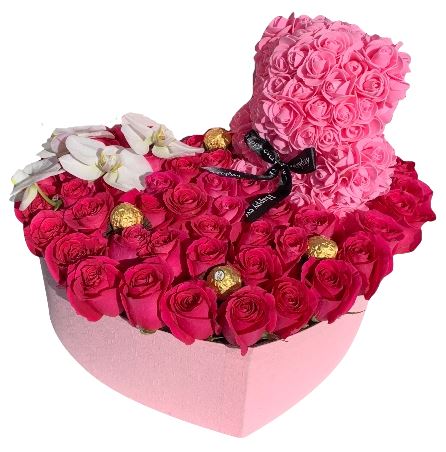 Sweet Box of Roses with Phalaenopsis and Foam Teddy