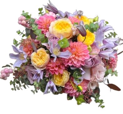 The Full of Colour Dahlias and Garden Roses Bouquet