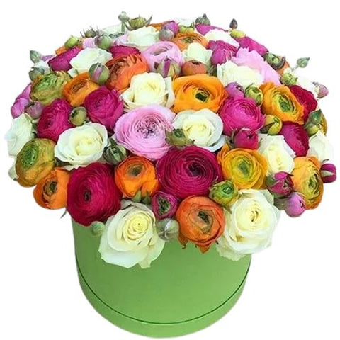 Vibrant Multicolored Ranunculus with Ivory Roses Box